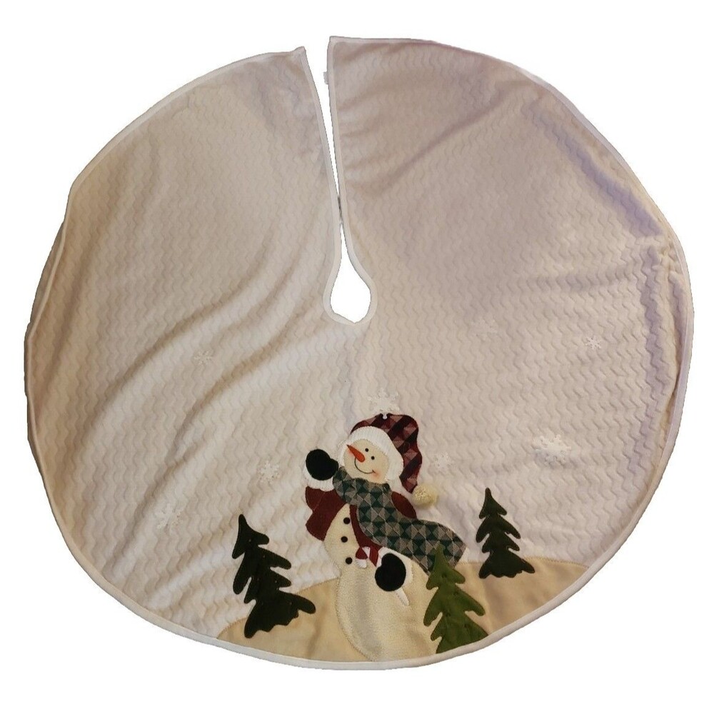 48" Vtg Felt Snowman 3D Christmas Scene Tree Skirt Cottagecore Country Farmhouse